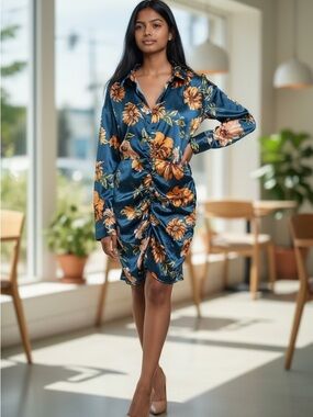 Blue Satin Floral Ruched Shirt Dress